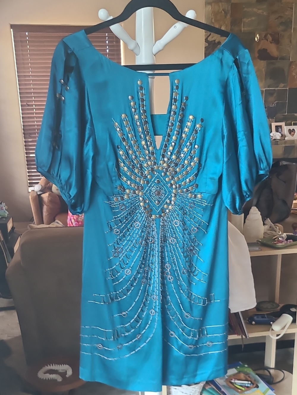 Teal Embellished Satin Shift Dress